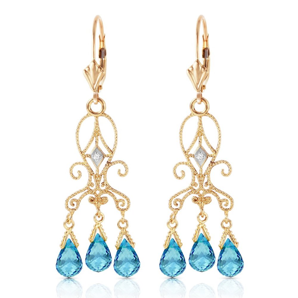 14K. GOLD CHANDELIER DIAMONDS EARRING W BLUE TOPAZ
